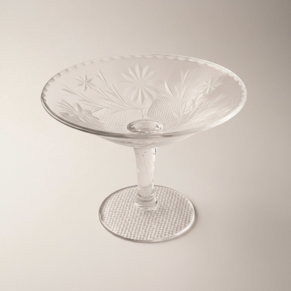 Antique Pairpoint Crystal Compote Dish 6" Etched Floral Pedestal Candy Bowl